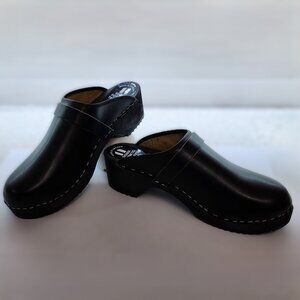 Black Leather & Wood Clogs